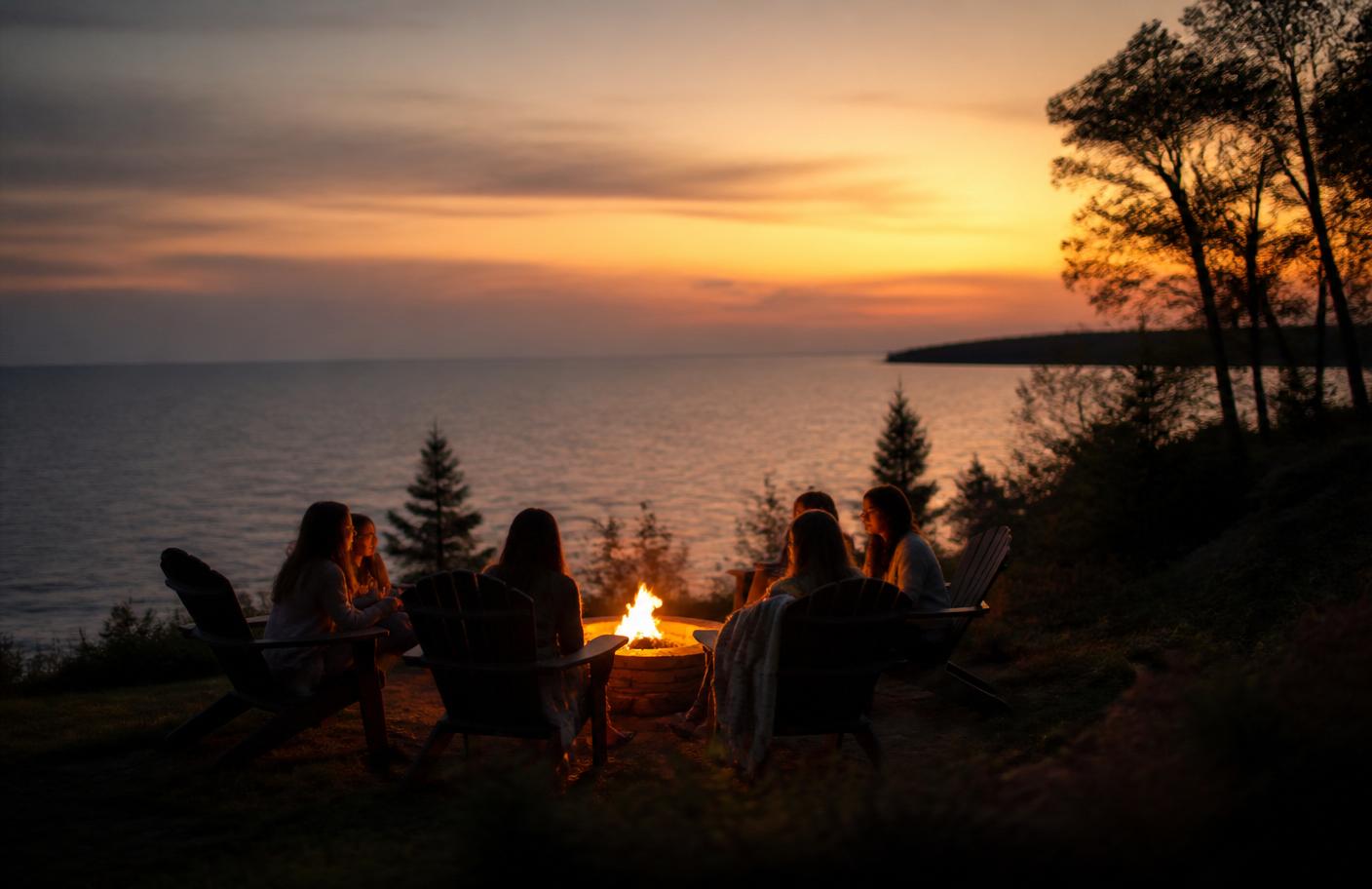 A group gathered around a fire pit overlooking Lake Michigan at sunset