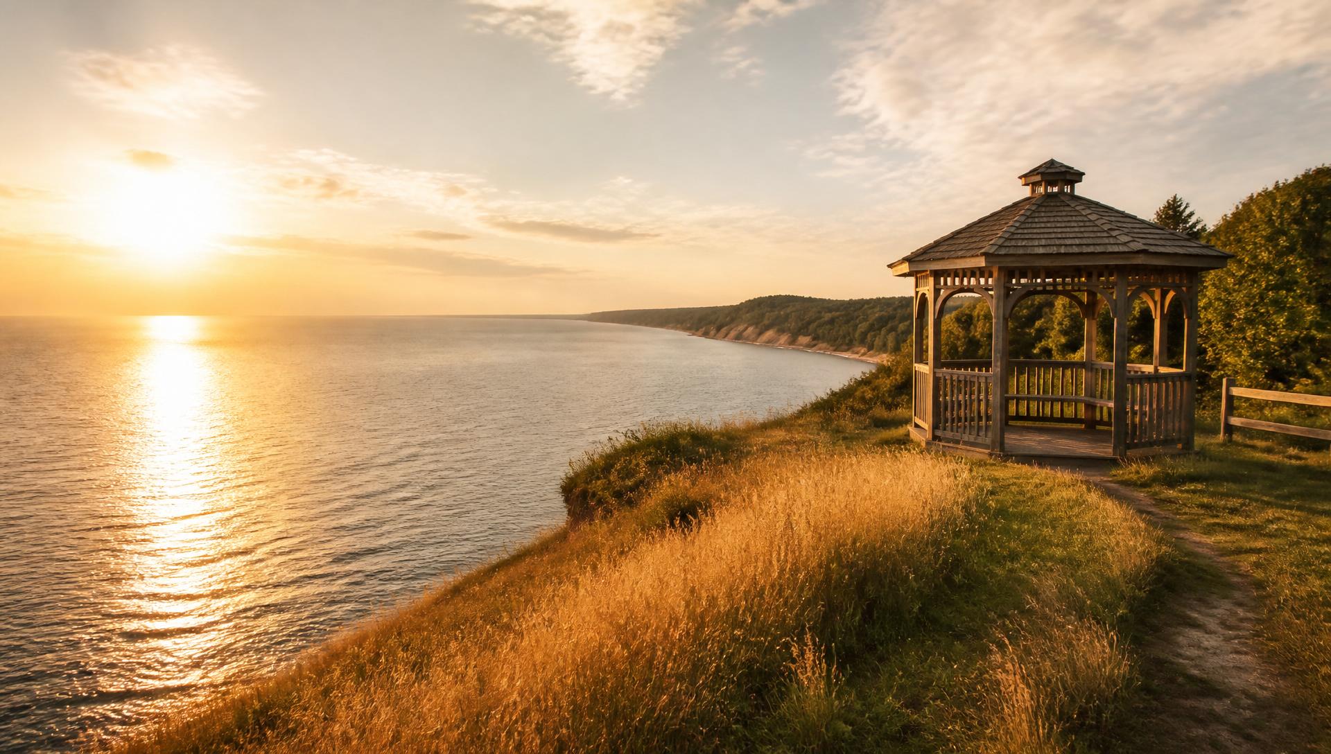Golden hour over a grassy Lake Michigan bluff with a wooden gazebo