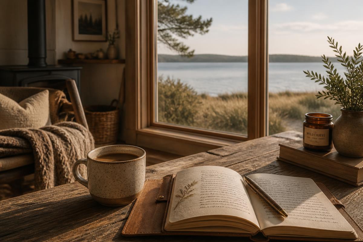 A journal and coffee by a window overlooking Lake Michigan